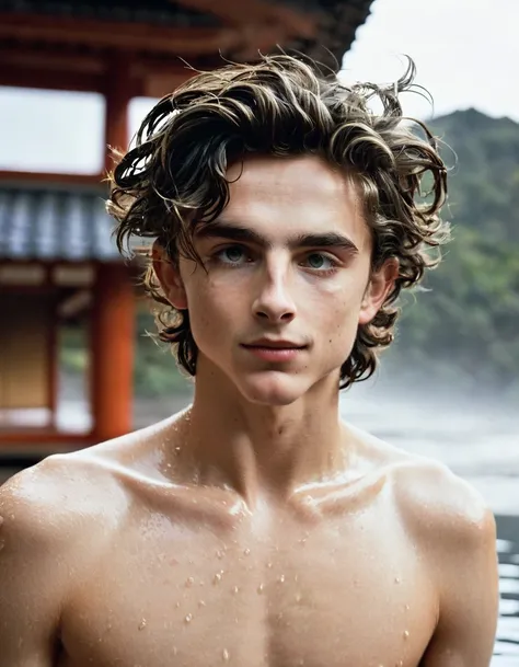 timothée chalamet, sweaty teen boy, in water, in japanese onsen, no clothing, far from camera, whole body, braces, age 19, wavy ...