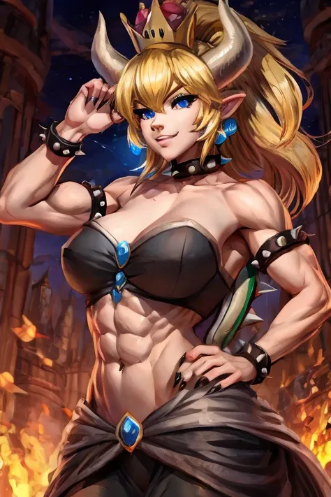 Bowsette with abs wearing a crop top of her black dress