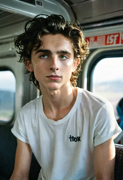 timothée chalamet, sweaty teen boy, in the train, in japanese train, no clothing, far from camera, whole body, braces, age 19, w...