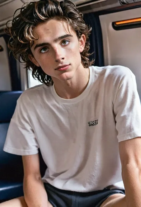 timothée chalamet, sweaty teen boy, in the train, in japanese train, no clothing, far from camera, whole body, braces, age 19, w...