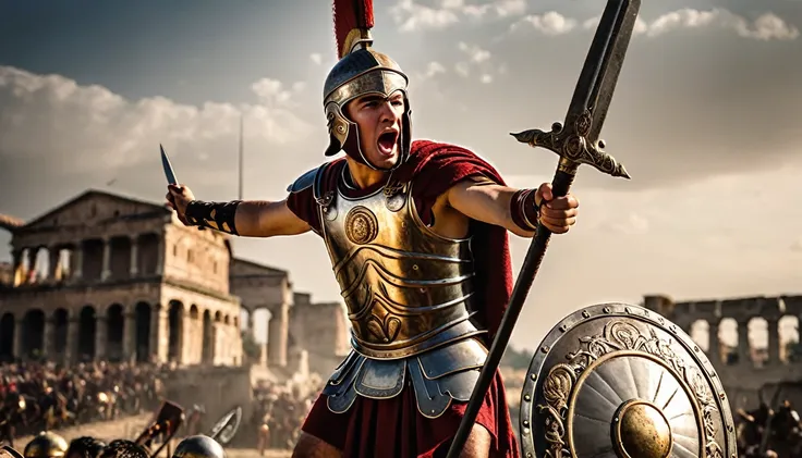 an inspiring cinematic photo of a 27-year-old young man dressed as a roman soldier, personifying the ancient roman empire. his i...