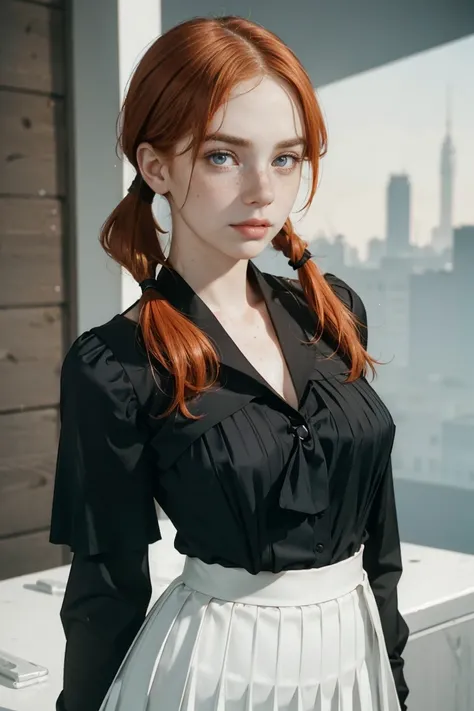 1girl, ginger, freckled face, face freckles, rosy, contemptuous look, 1 girl, solo, pigtails haircut,pale skin, (((huge bust))), stand sexy pose, beautiful, ((pleated skirt)), ((black blouse)), cleavage, cold palette
