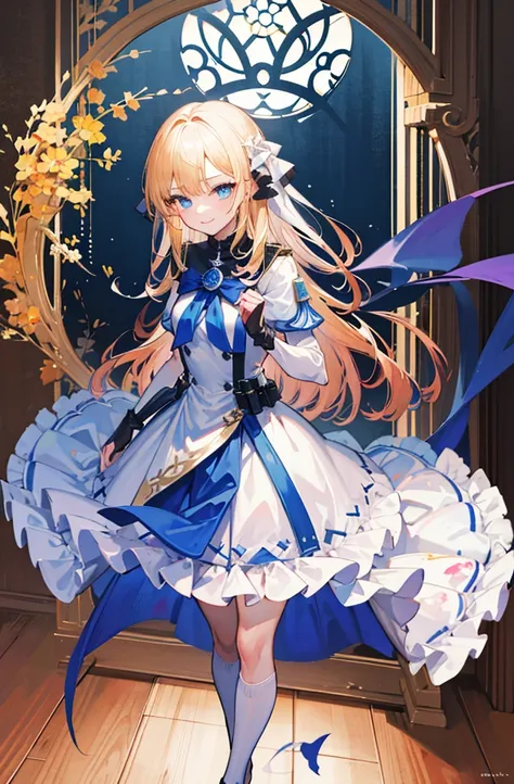 (standing painting: 1.2) + (1girl:1.5)+ golden hair + princess cut + white knight uniform + detailed eyes and nose + deep blue e...