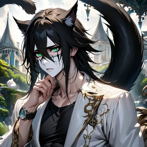 absurd, high definition, ultra detailed, HDR, masterpiece, extremely detailed face and eyes, perfect face, Ulquiorra Cifer, black hair, hair between eyes, expressive green eyes, pale skin, cat ears, big bushy tail, Bleach, solo, sexy man , handsome, white ...