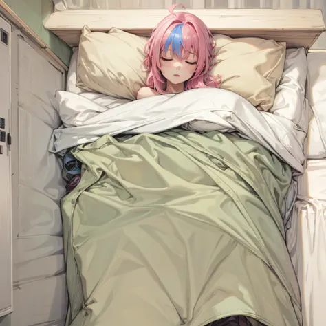 bed,sleeping beautiful girl,pink hair,4k,8k,highest quality