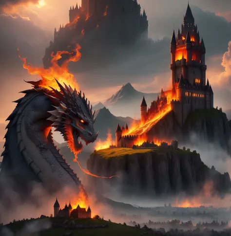 a roaring dragon spitting fire, open fields, burning castle in the background, castle in flames, burning village, wings spread, ...