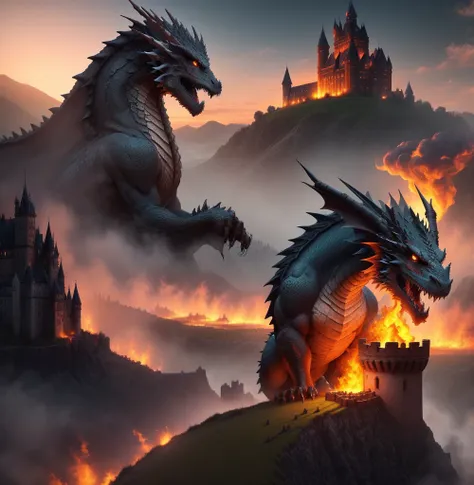 a roaring dragon spitting fire, open fields, burning castle in the background, castle in flames, burning village, wings spread, ...