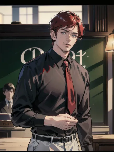 a 40 year old man (red short hair:1.0), grey eyes, moles all over the face, wearing an official uniform, masculinity, teacher, (best quality,4k,8k,highres,masterpiece:1.2),ultra-detailed,(realistic,photorealistic,photo-realistic:1.37),cinematic lighting,hi...