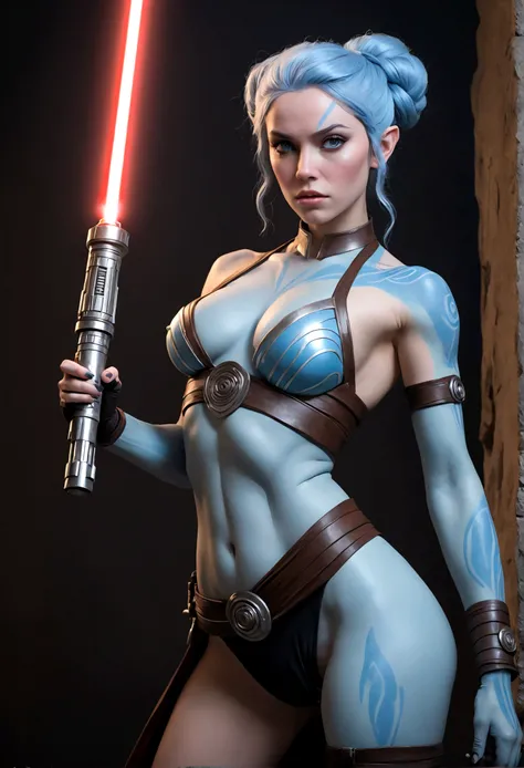 a woman in a star wars costume holding a light saber, sexy muscular body, she has pale blue skin!!!, hyper real highly detailed, jinx, gritty coloring, official print, genie, heavy jpeg artifact, mekka, eerie color, bust with a long beautiful neck, by Miya...