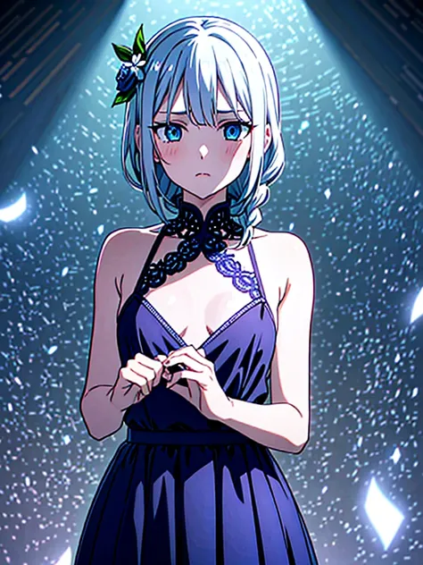 singoe anime girl
BREAK long white-silver hair, braid, side bangs, hair ornament, flower hair clip, blue eyes, thin lips, small boobs, thin thighs
BREAK casual dress, gold ring, sleeveless dress, dark blue dress
BREAK looking at viewer, upper body, blush, ...