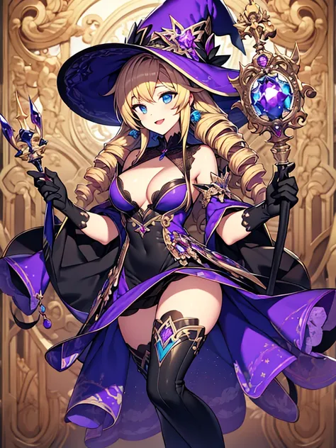 masterpiece, best quality, 1girl, solo, hat, blonde-hair, drill-hair, gloves, breasts, blue-eyes, witch-hat, thigh-boots, thighhighs, boots, elbow-gloves, open-mouth, staff, purple-headwear, smile, dress, full-body, simple-background, cleavage, large-breas...