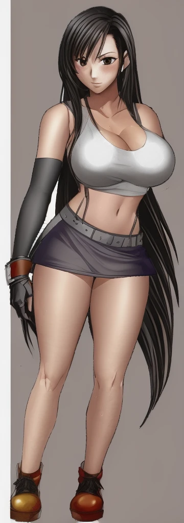 Tifa, with her big breasts and beautiful legs, is standing in a miniskirt and navel-baring outfit that emphasizes her breasts.。