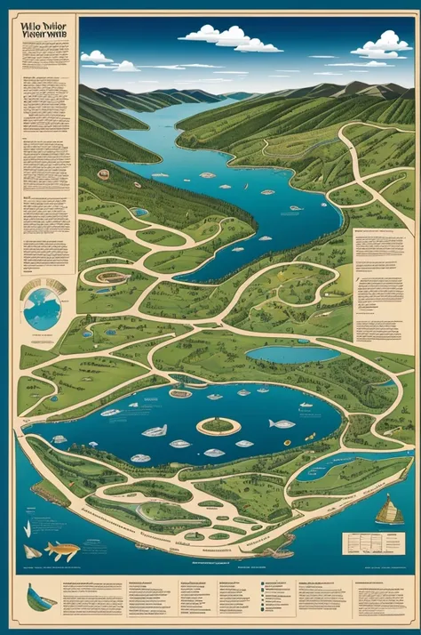 make a poster or chart with a diagram that illustrates a small freshwater lake ecosystem. 