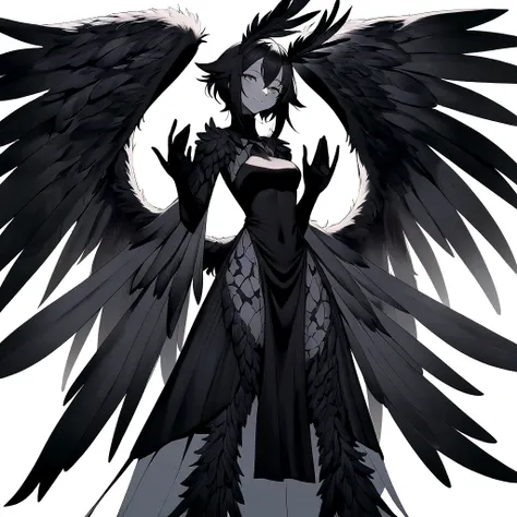 A woman with large bird wings with black feathers for arms, digitigrate bird legs (like those of a dog) and long, larger than the body itself. Her body are completely covered in black feathers, like a furry bird. Her exposed skin on her torso and face is p...