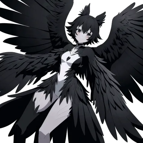 A woman with large bird wings with black feathers for arms, digitigrate bird legs (like those of a dog) and long, larger than the body itself. Her body are completely covered in black feathers, like a furry bird. Her exposed skin on her torso and face is p...