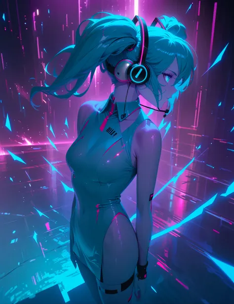 movie poster page, (promotional poster), hatsune miku, 1female, solo, humanoid android, teal hair, teal eyes, singer's uniform, ...