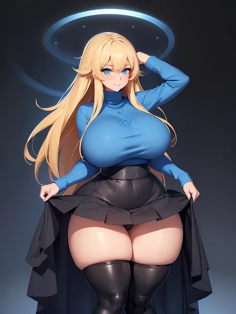 young girl, blue eyes, blue Pullover, black long skirt, whole body to see, smiled, excited, moans, blond long hair, (( very wide hips)), (((colossal Thighs, gigantic thighs, very huge thighs, very big thighs))), sexy pose, wet clothes