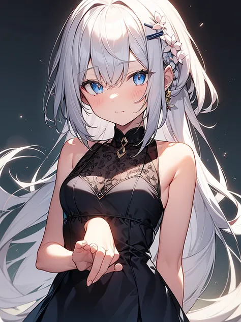 single anime girl
BREAK long white-silver hair, braid, side bangs, hair ornament, flower hair clip, blue eyes, thin lips, small , thin thighs
BREAK casual dress, gold ring, sleeveless dress, dark blue dress
BREAK looking at viewer, upper body, blush, sligh...