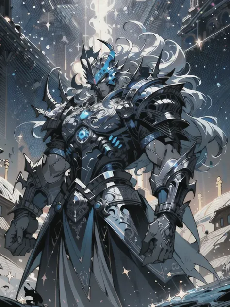 8K resolution, Highly detailed, Digital Painting, Concept art, of the highest quality, Best quality, One, beautiful, 1 man, with a sporty body, V-shaped body, glowing silver detailed armor with glowing blue details, black detailed helmet/crown, floating ha...