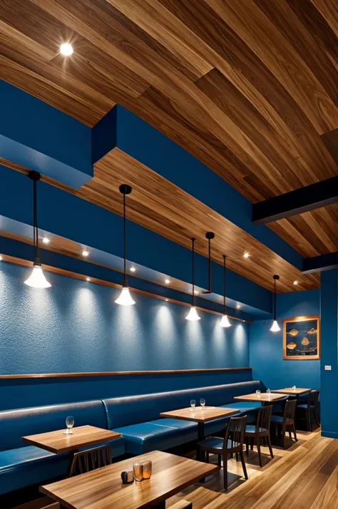 Modern restaurant theme blue color is wood
