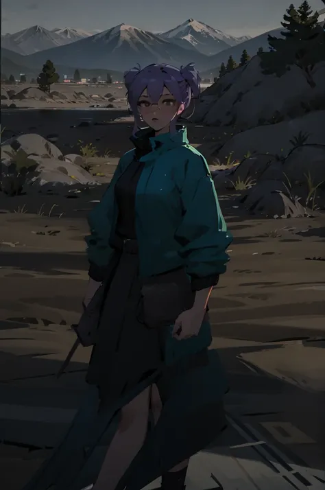 1girl, solo, purple hair, green jacket, black skirt, mountain in background, wearing glasses, perfection, beautiful