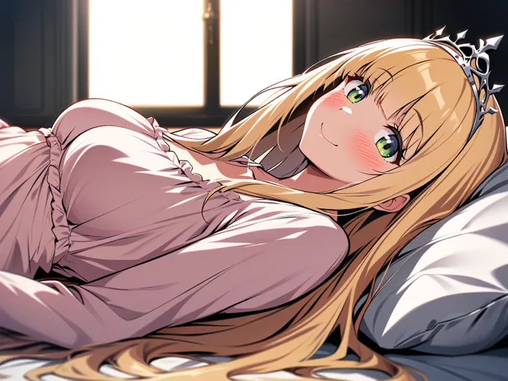 {{cowboy shot, face focus, sideways, pov, from side}} {{Artist: moisture_(chichi)}} 1 woman ,solo, mature female, elegant, princess, medium breasts, straight hair, golden hair, long hair, hime cut, green eyes, nightgown, tiara lying on bed, smile, blush, i...