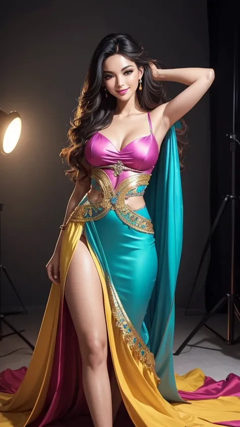 (best quality,ultra-detailed,photo-realistic:1.37),bright and vibrant colors,studio lighting,playful expression,stylish makeup, Long skirt with slit leg,hair flowing in the wind,alluring eyes,glossy lips,sexy pose, smiling in a confident and seductive way,...