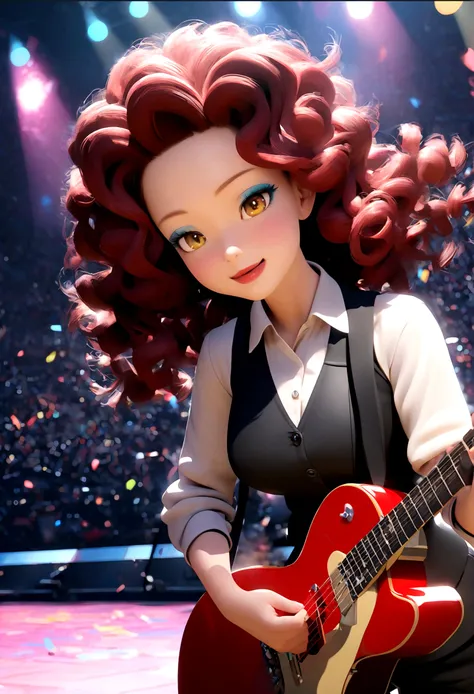 Pixar-style 3D animation, animate, real, 1 girl,30 years old,medium hair,((perm)),wavy hair,red hair,forehead,Voluminous curly hair,Light blue eyeshadow,red eyebrows,yellow eyes, tsurime,narrow eyes,red lips,Confident expression,light smile,calm,black vest...