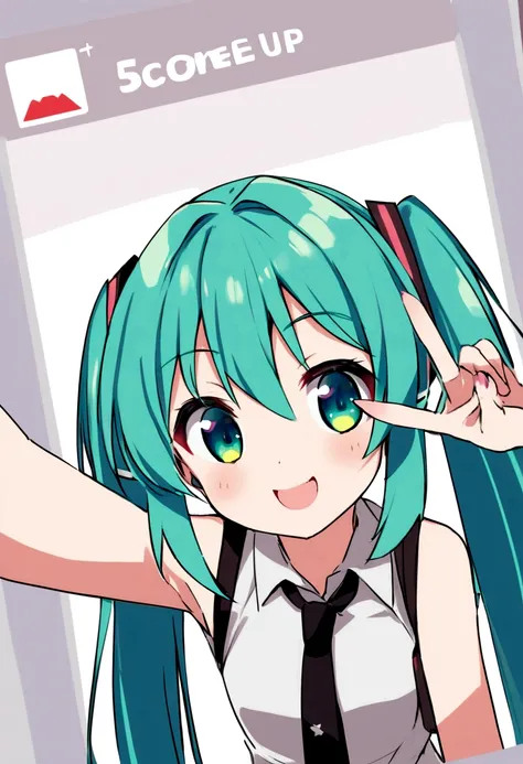 score_9, score_8_up, score_7_up, score_6_up, score_5_up, score_4_up, source_anime, BREAK    hatsune_miku, solo, 1girl, smile, adorable face , cute, long eyelashes, elbow out of frame, one hand out of frame, necktie, selfie, closeup, recording, pov, v sign,...