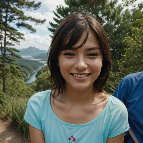 Person opening their eyes and smiling, with a view of the surrounding nature.