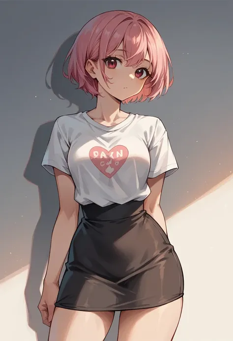 cute girl brown eyes pink hair short hair very  black skirt gray t-shirt thin waist medium hips