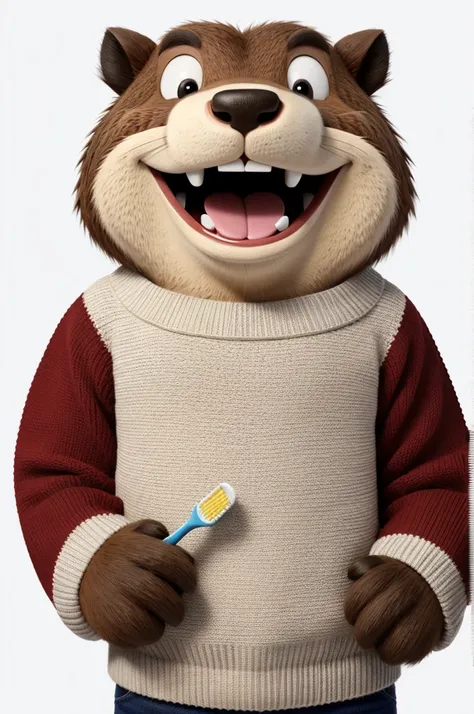 An animated beaver with large teeth, holding a toothbrush in one hand, and wearing a solid-colored sweater, all against a white background.