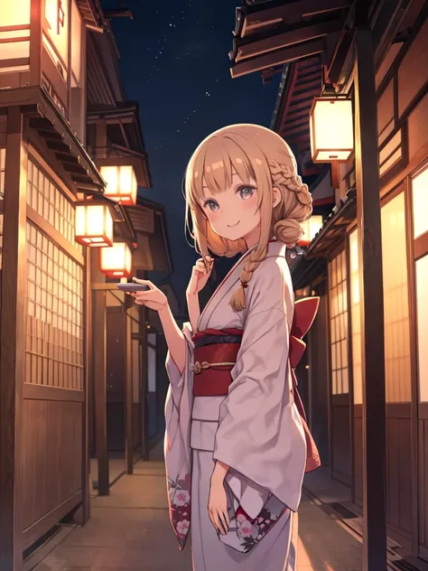 Curly Hair, Japan drink alcohol、Girl、kimono、long hair、Braid、White clothes、smile、Old Japanese House、Orange light