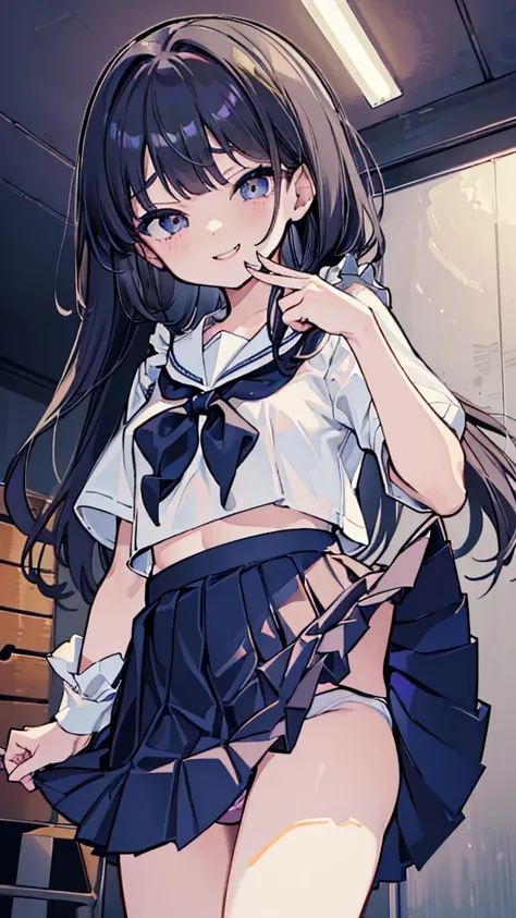 (8k、Best image quality、highest quality、masterpiece)、Detailed face、 One girl、Black Hair、Long Hair、Grey Eyes、evil smile、Small breasts、((serafuku))、((Navy blue pleated skirt))、((skirt lift))、((white frills panties))、Cowboy Shot、Shoot from below、Gym storeroom
