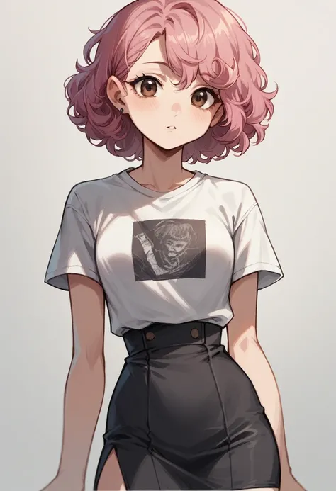 cute girl brown eyes pink hair short hair curly hair slim figure black skirt gray t-shirt thin waist small hips