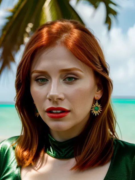 Realistic photo of a beautiful bryc3d-v1 woman, 1girl, solo, long hair, looking at viewer, tropical beach background, red hair, jewelry, green eyes, multicolored hair, small gold earrings, parted lips, teeth,  lips, gradient hair, makeup, lipstick, portrai...