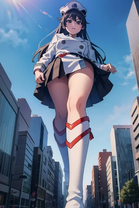 Giant maiden in sneakers，der riese、Girl taller than the building，from below, round and large eyes、tallgts,giantess，Full body photo，BuildingSeat, white uniform，Big breasts，pencil skirts，black lence stockings，white boots，cleveage of the breast、a miniskirt、Mo...