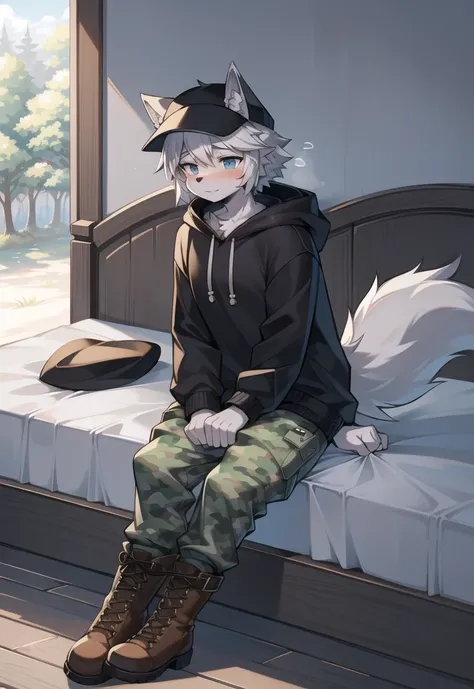 (Wolf, furry, anthropomorphic), male, feminine body, sitting on bed, bedroom background, outside, wearing grey sweat pants, wearing woodland camo hoodie, Furry art, Fur on arms, big Floofy tail, fur on legs, (Black Fur covering whole body, Best quality, hu...