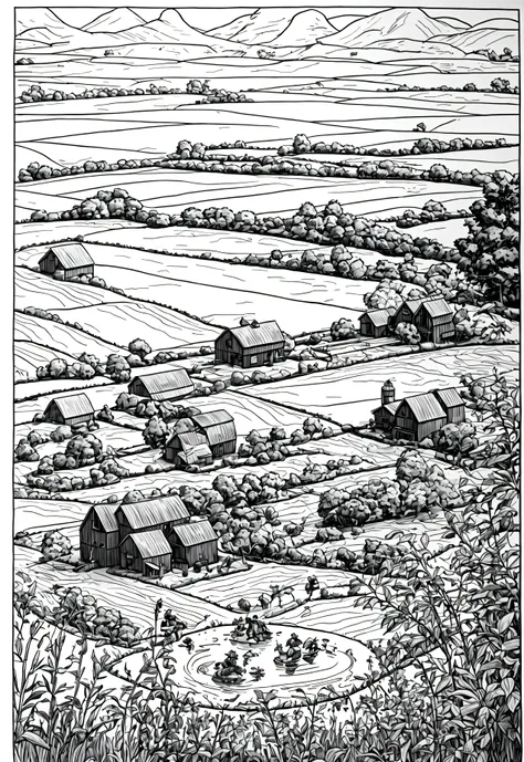 line art, cartoon character, 3d style, high-quality, coloring book, hand-draw, Description: A rural farm with fields of crops, a farmer plowing with oxen, and women working in the fields. There’s a scarecrow in the field and a small pond nearby. Elements: ...