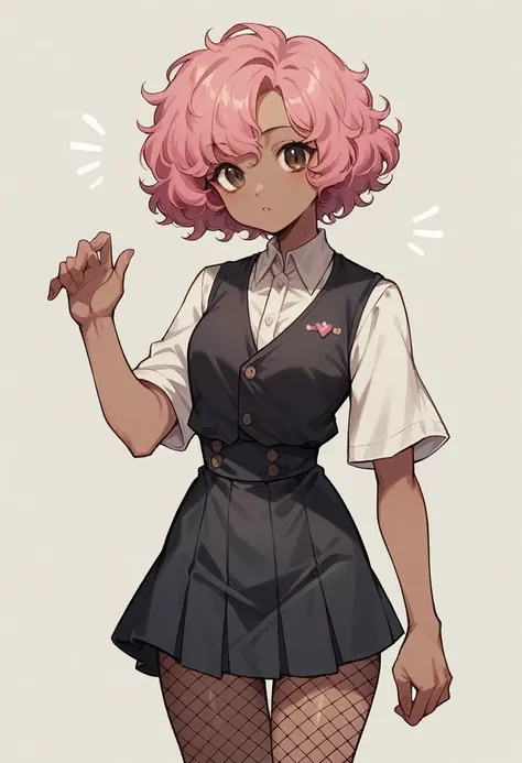 cute girl slightly dark skin brown eyes pink hair short hair curly hair black skirt black vest thin waist medium hips fishnets