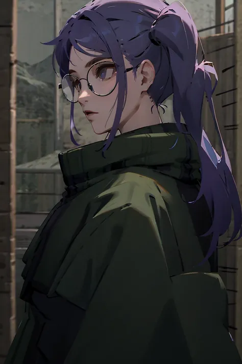 1girl, purple hair, green coat, black jeans, mountain in background, wearing glasses, beautiful masterpiece, perfection, side-view pov