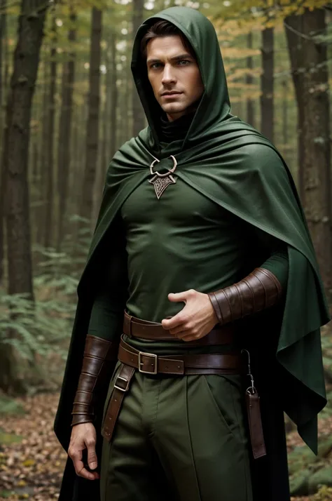 A Half-ELF, half-elf, half-man who is 1m75 tall, he is a ranger, he wears a black hooded cape, green pants, a brown turtleneck, a leather bracelet with brown eyes and straight brown hair in the middle.