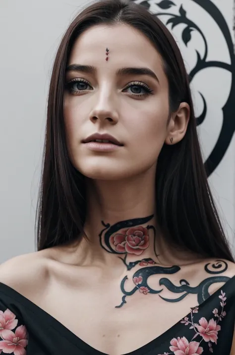 une jeune femme de la vingtaine, elle a des cheveux long et rouge voir écarlate avec un œil gauche de couleur Noir et un œil droit blanc a cause dune cicatrice, elle a une expression froide sur le visage, sakura flower tattoo on shoulder and snake tattoo o...