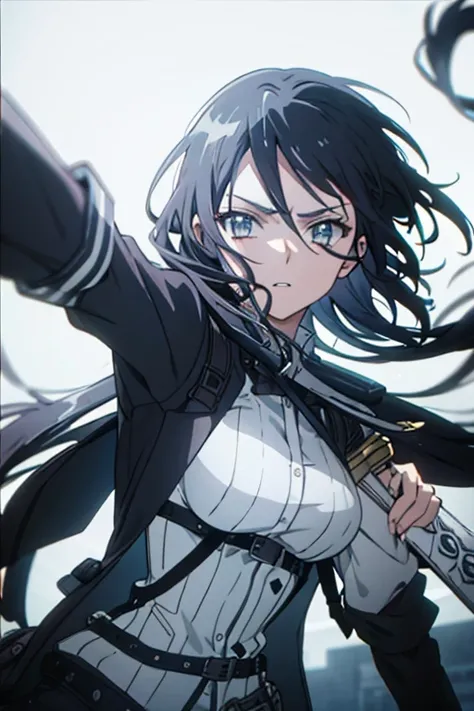 A girl with black and white hair using a sword