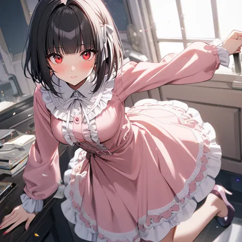 1girl,solo,blunt bangs,19yo,short hair,large breasts,black hair,red eyes, A pink dress with white frills, a white lace cardigan, and pumps with white ribbons.