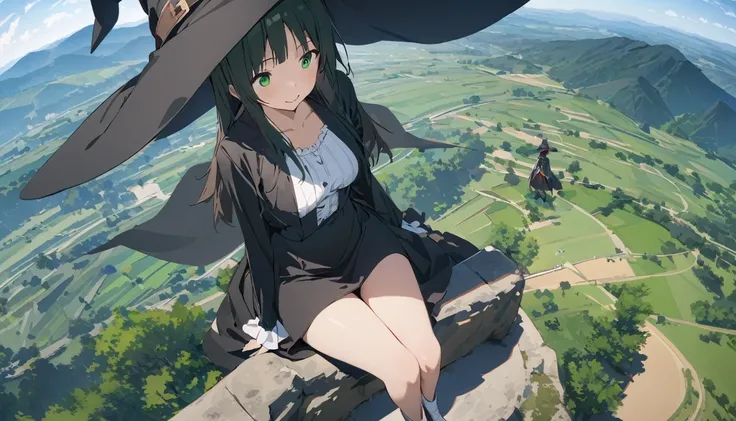 Ray Tracing, Everyone Makoto, One girl, Witch Hat, dress, clean, In the sky, flight, landscape, Sit down to clean,, masterpiece, highest quality, New,