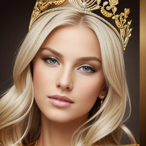 the most beautiful blond girl dressed as queen close up photo, luxury hairstyle, focus on big luxury  crown