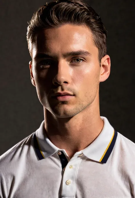 a male model, looking at the camera with a penetrating gaze, he wears a basic polo, he is in a photography studio, with low lighting in the background, but with a ray of light reflecting on the models face.