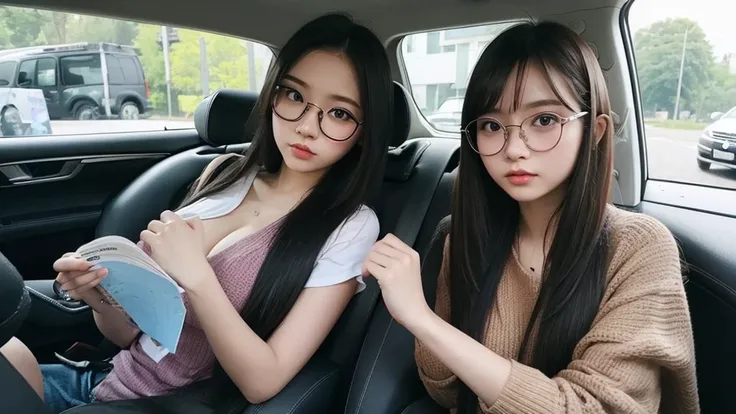 Indonesian girl 20-year-old  Hairstyle Casual, F Cup Breasts with glasses  wearing  casual uptown in car and driving this car with her friend