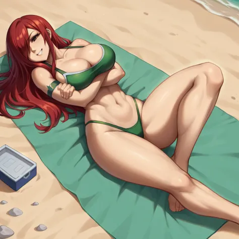 Erza, red hair, navel, collarbone, 1girl, bare shoulders, midriff,cleavage, hair over one eye, large breasts, underwear, long hair,animerza, beach, sunset, full body, looking at viewer, laying down, ,covered chest, crossed arms,on back, slightly above shot...